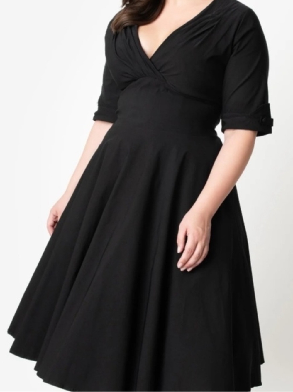 Unique Vintage Elegant Black Midi Dress Front V-Neck Classic Minimalist Size 3XL